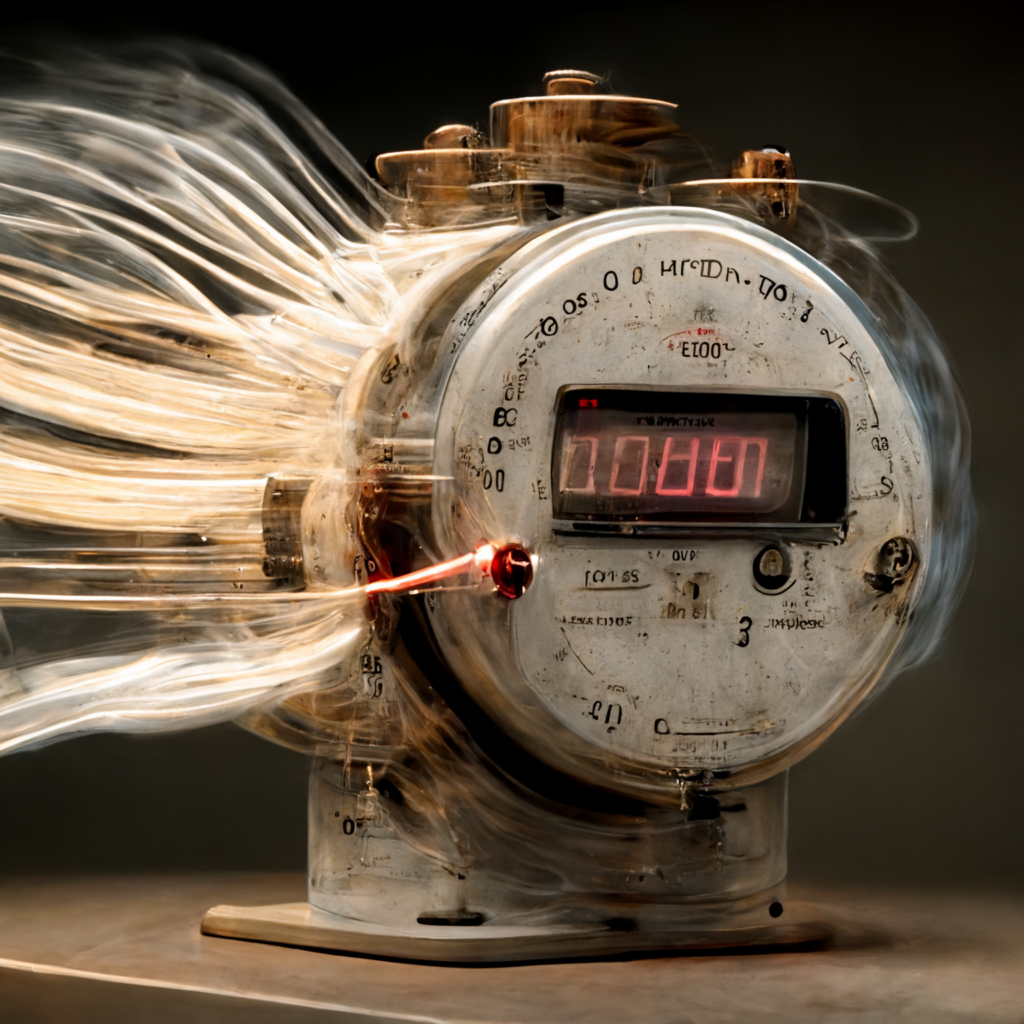 An electricity meter is stylized to look like it is whirring and shooting electricity 
