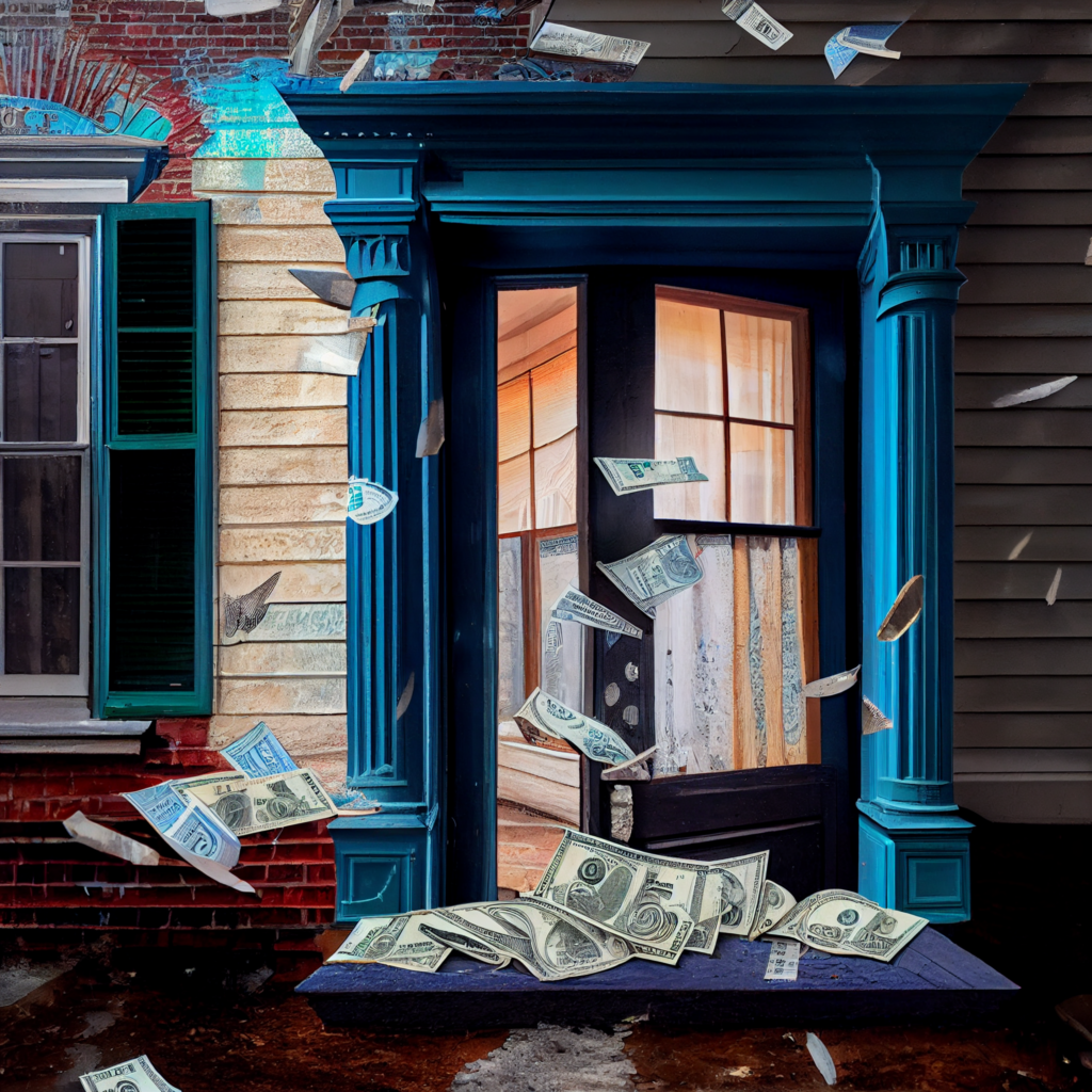 Massachusetts electricity prices are surging, and this image depicts money blowing out of a New England style transom